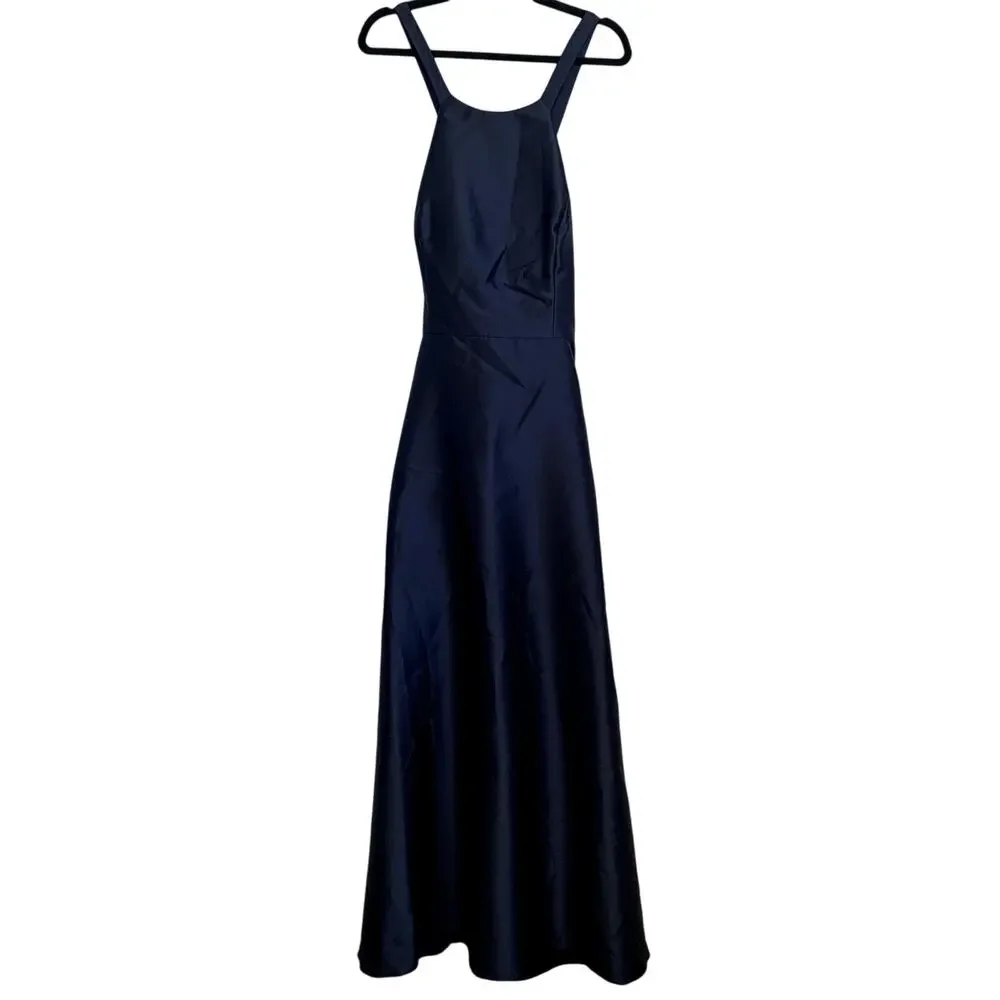 ALFRED SUNG Navy Blue Satin Dress with Lace-Up Back - Picture 2 of 11